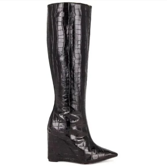 SCHUTZ Shoes - SCHUTZ Asya Up Crocodile Embossed Leather Wedge High Heel Boot Boots Black 10